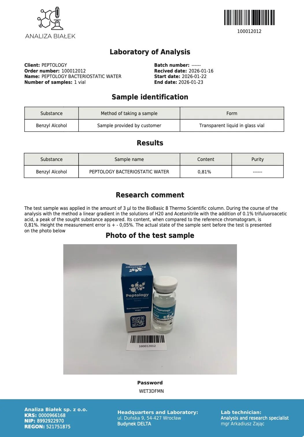 Bacteriostatisch water – HPLC purity certificate