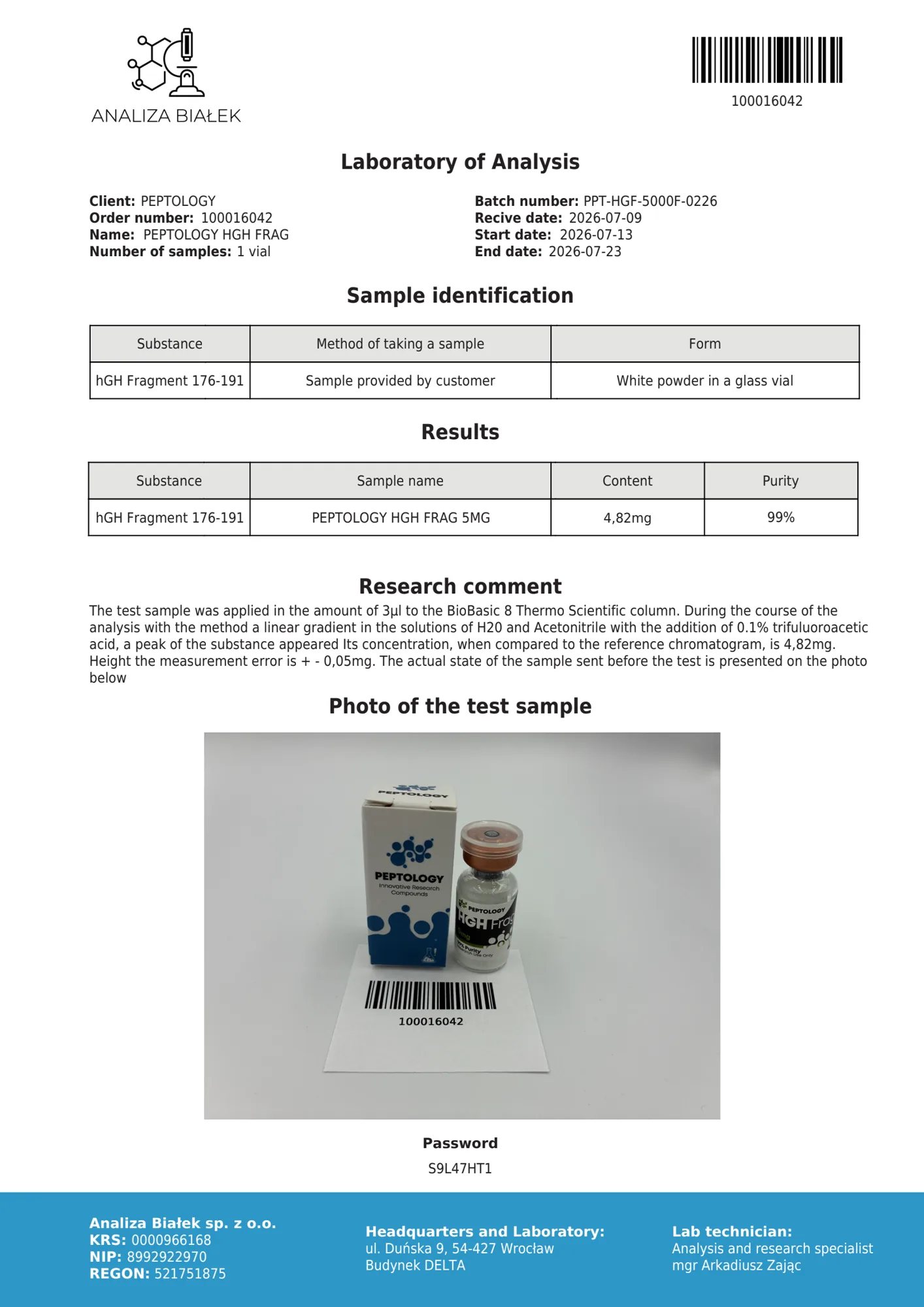 HGH Frag 5 mg – HPLC purity certificate, batch 0226