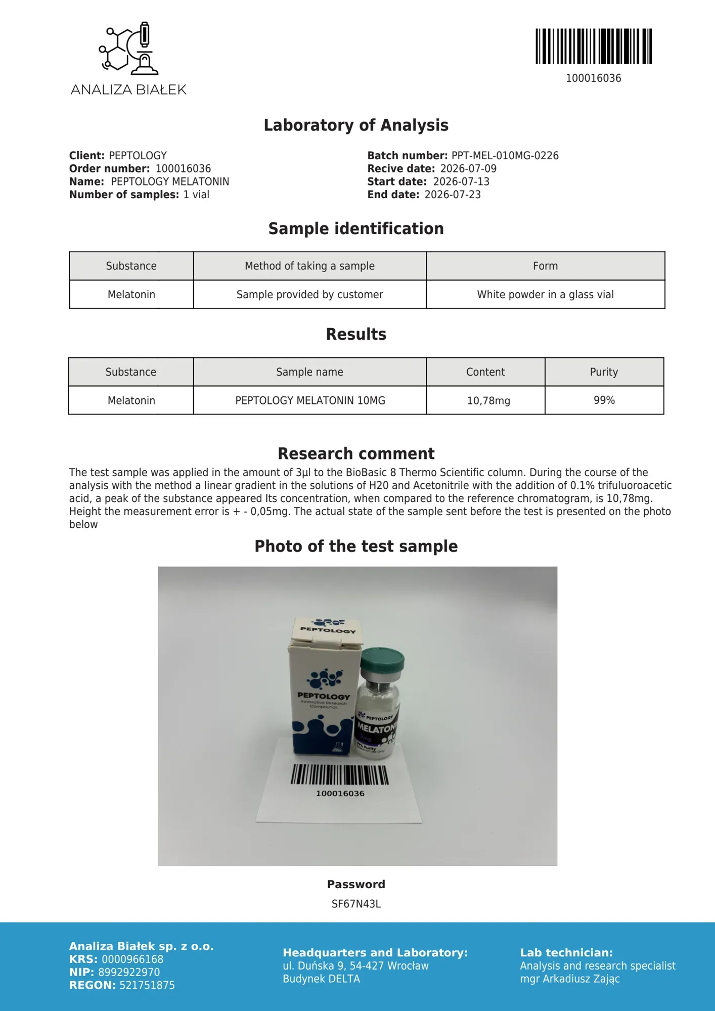 Melatonine 10 mg – HPLC purity certificate, batch 0226