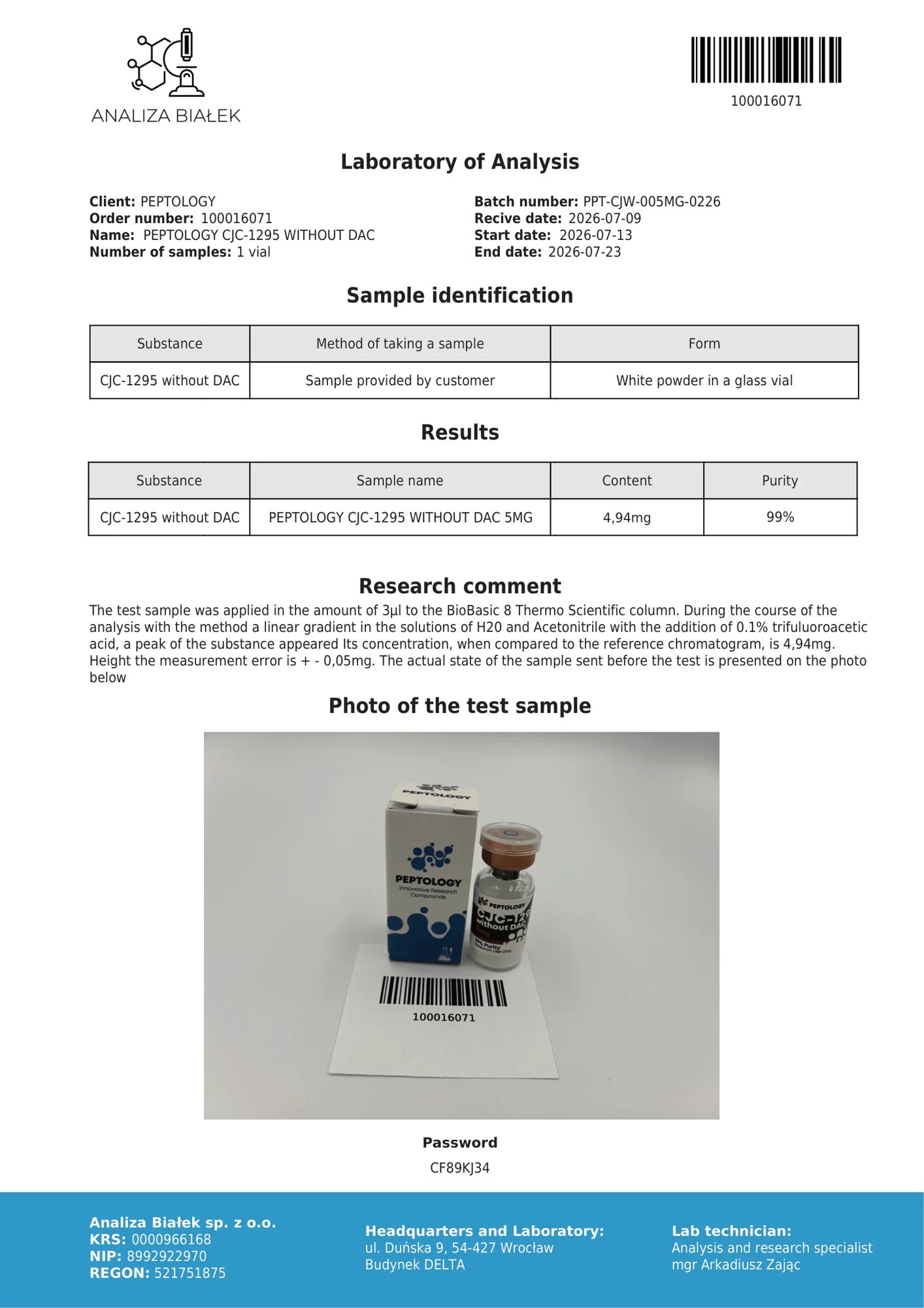 CJC‑1295 zonder DAC 5 mg – HPLC purity certificate, batch 0226
