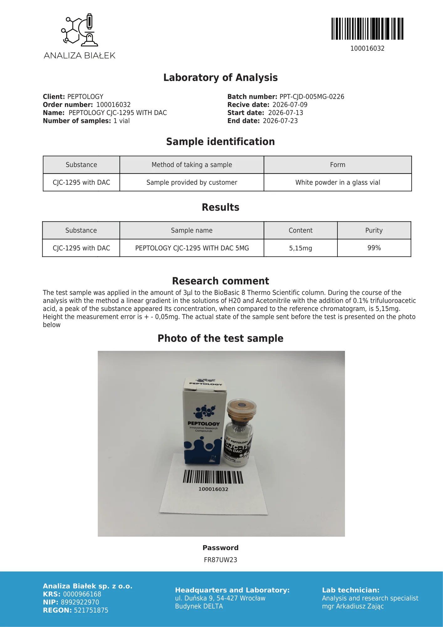 CJC‑1295 met DAC 5 mg – HPLC purity certificate, batch 0226