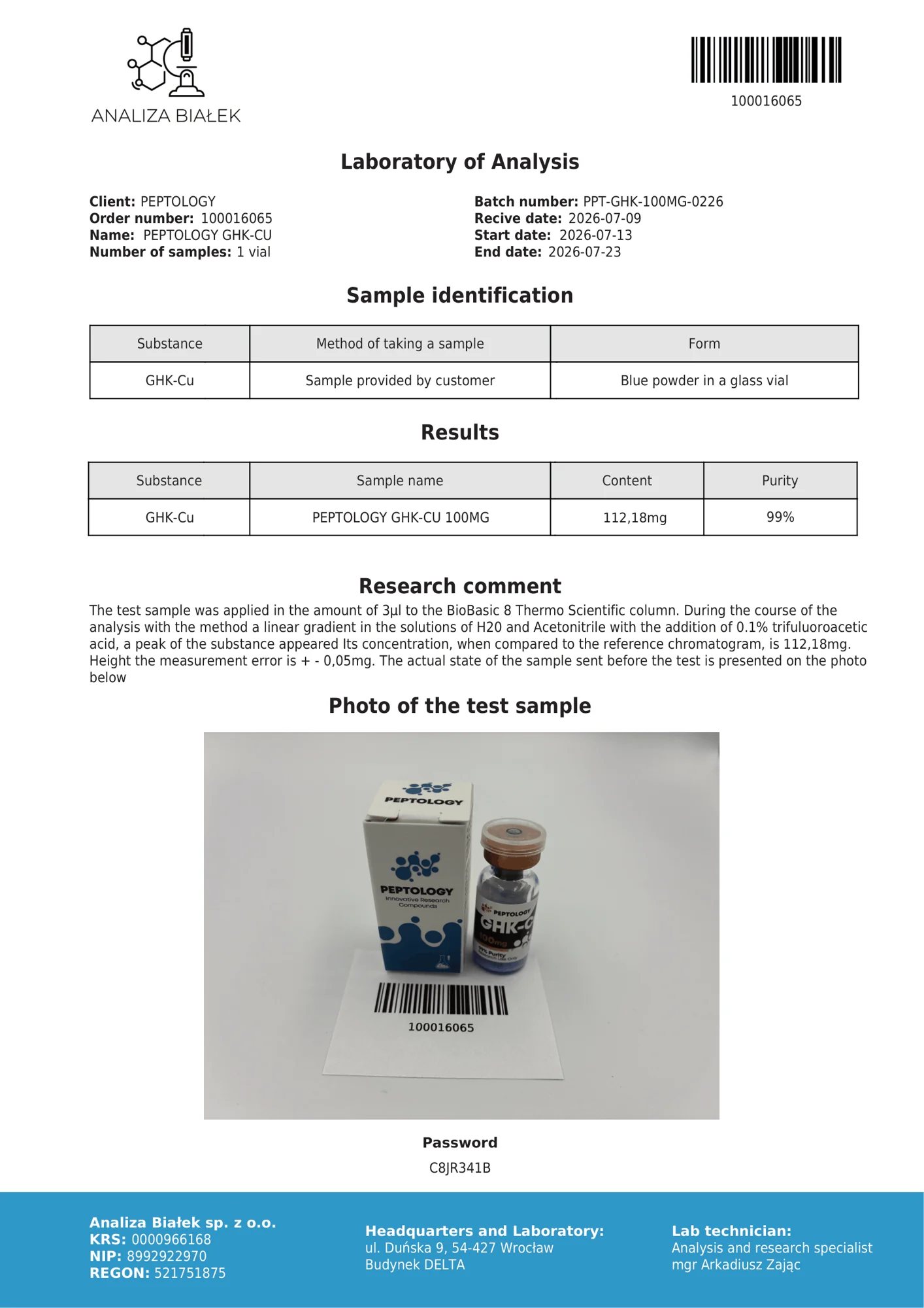 GHK-Cu 100 mg – HPLC purity certificate, batch 0226