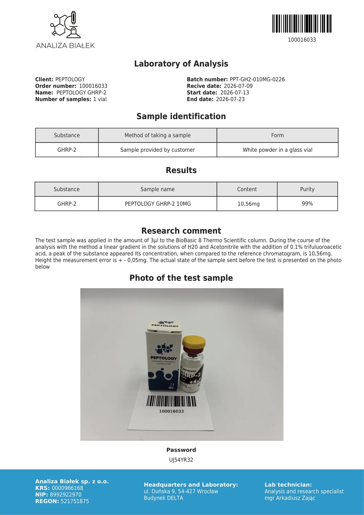 GHRP-2 10 mg – HPLC purity certificate, batch 0226