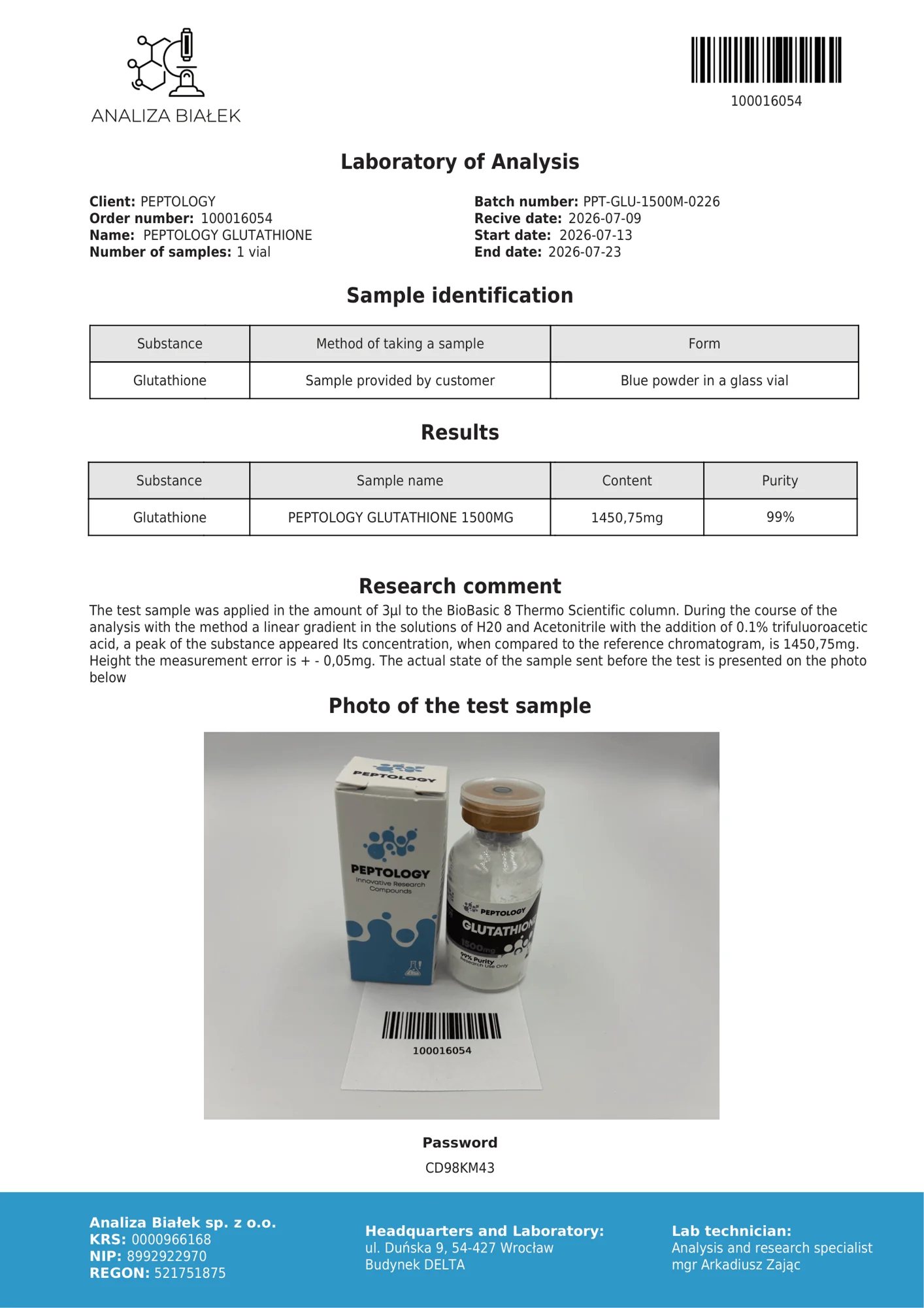 Glutathion 1500 mg – HPLC purity certificate, batch 0226