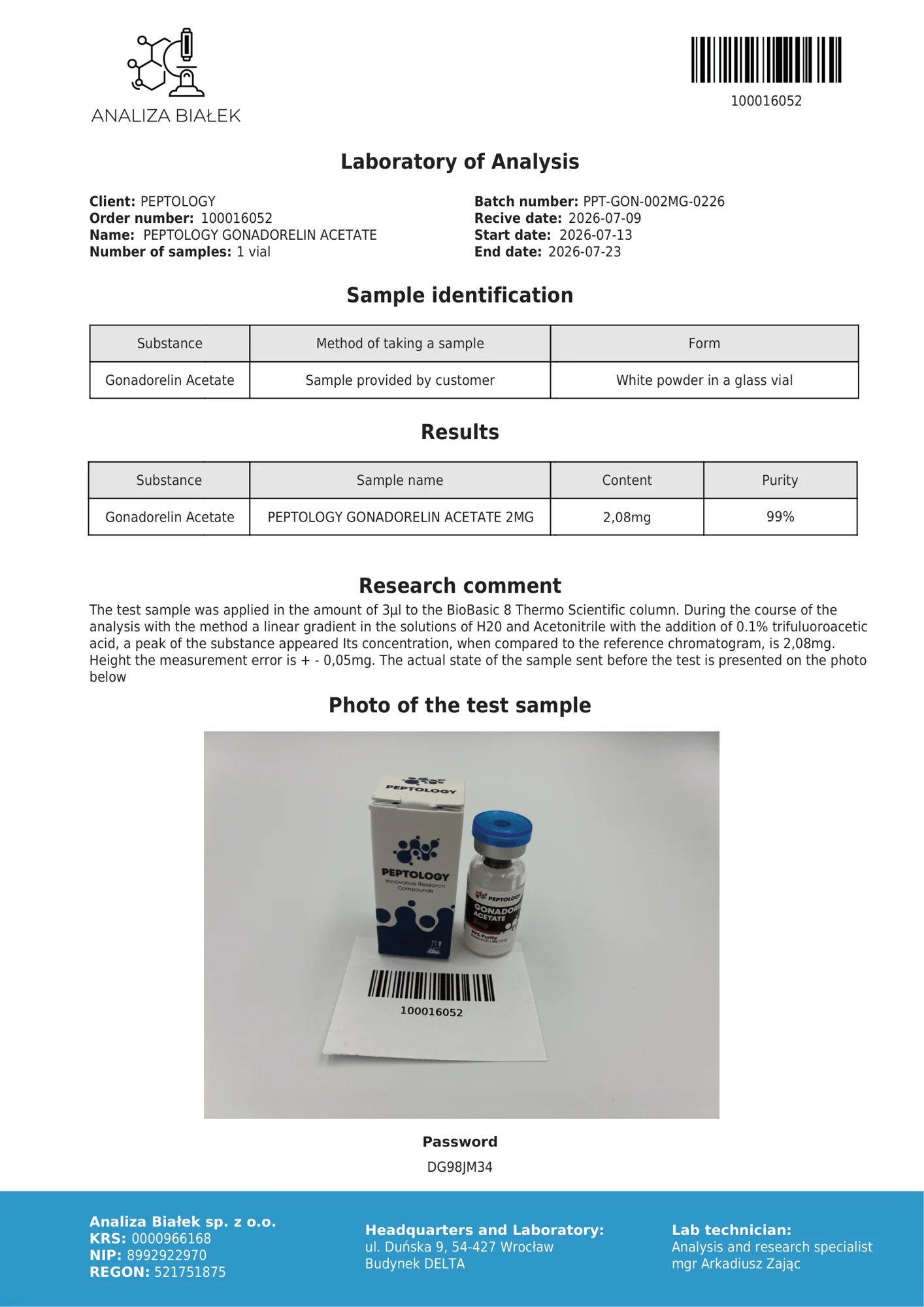 Gonadorelin 2 mg – HPLC purity certificate, batch 0226
