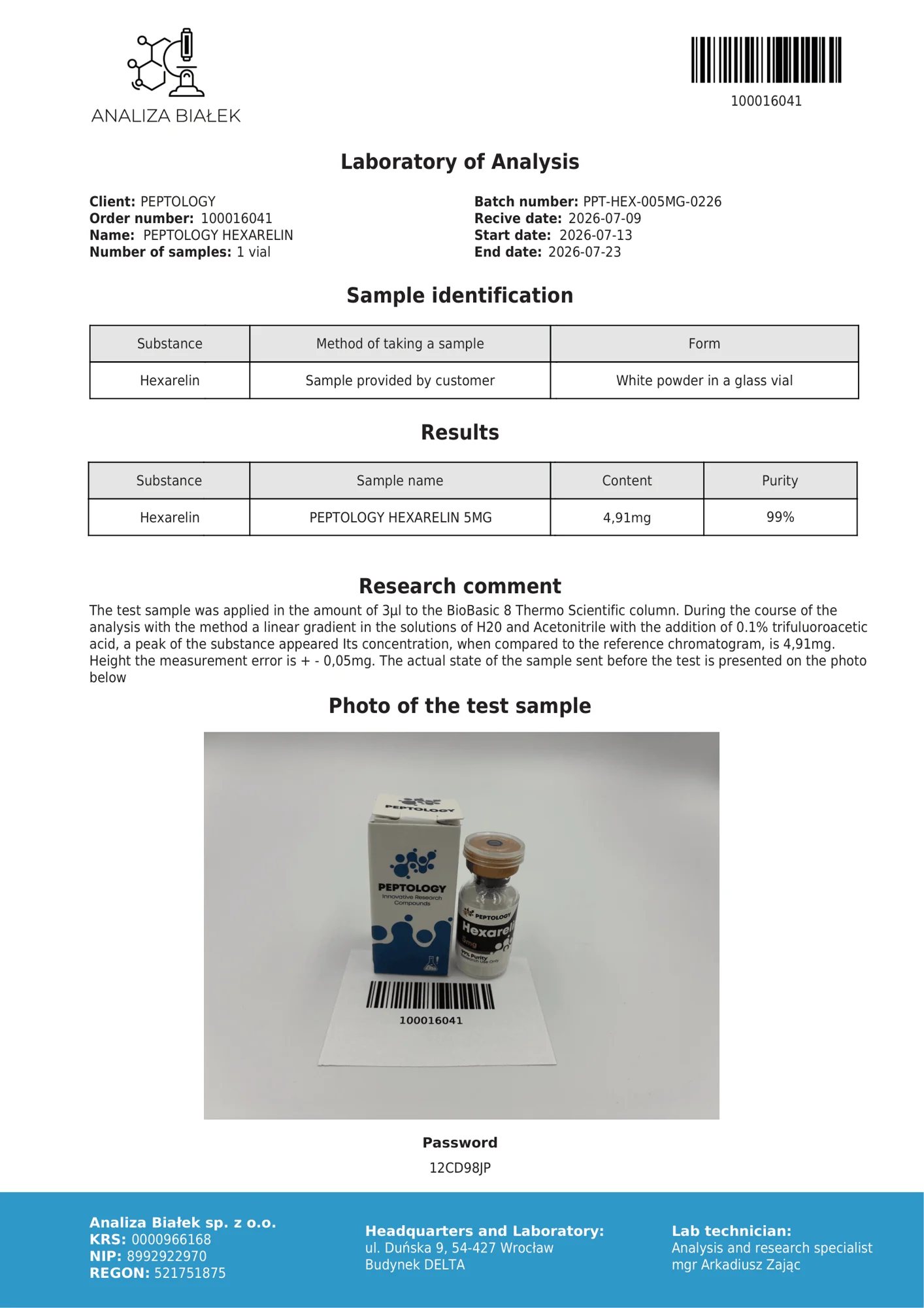 Hexarelin 5 mg – HPLC purity certificate, batch 0226