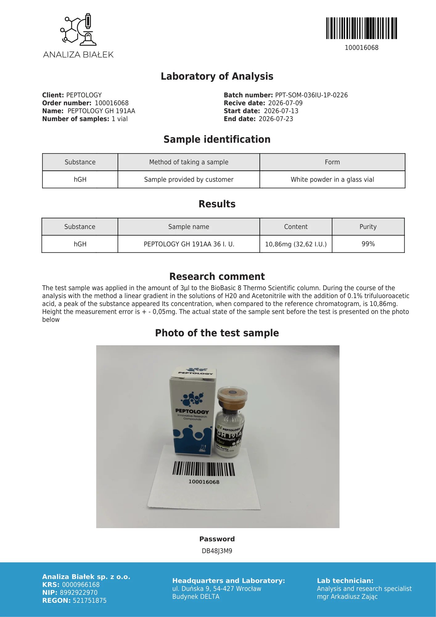 Somatropin 36 IU – HPLC purity certificate, batch 0226