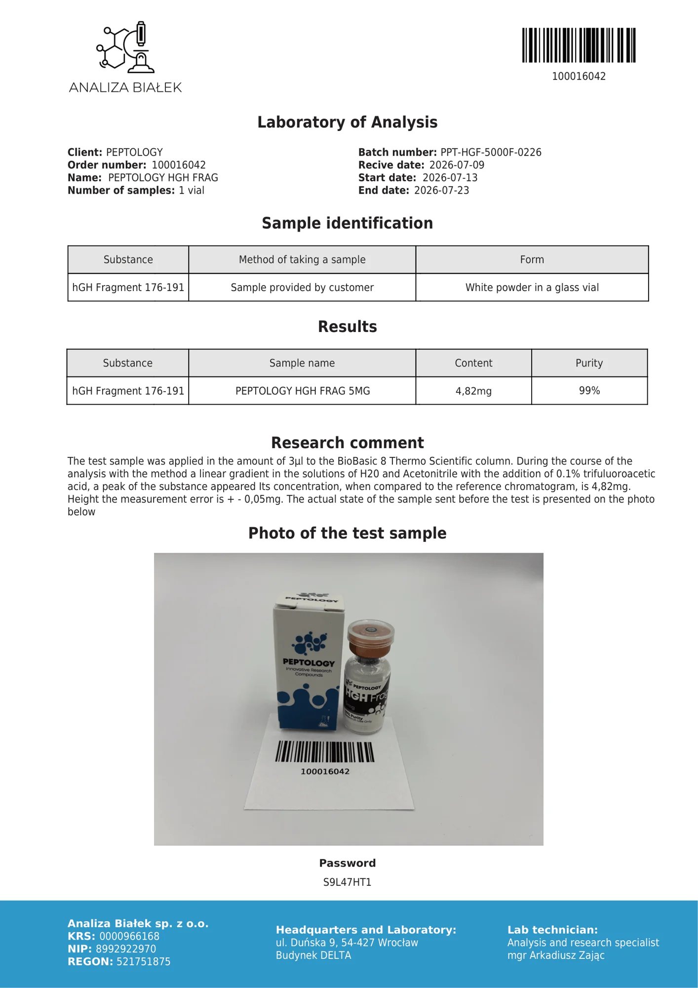 HGH Frag 5 mg – HPLC purity certificate, batch 0226