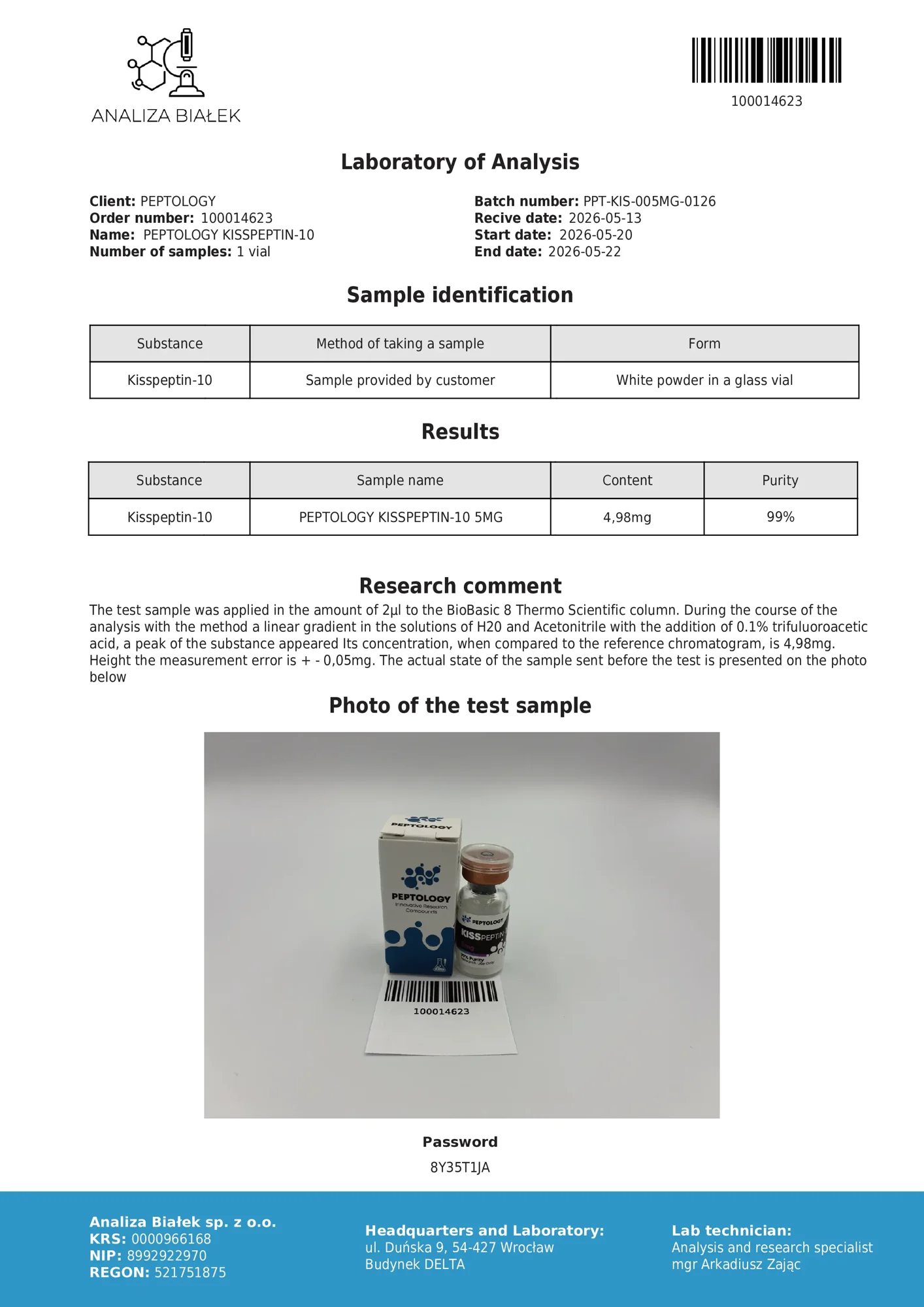 Kisspeptin-10 5 mg – HPLC purity certificate, batch 0126
