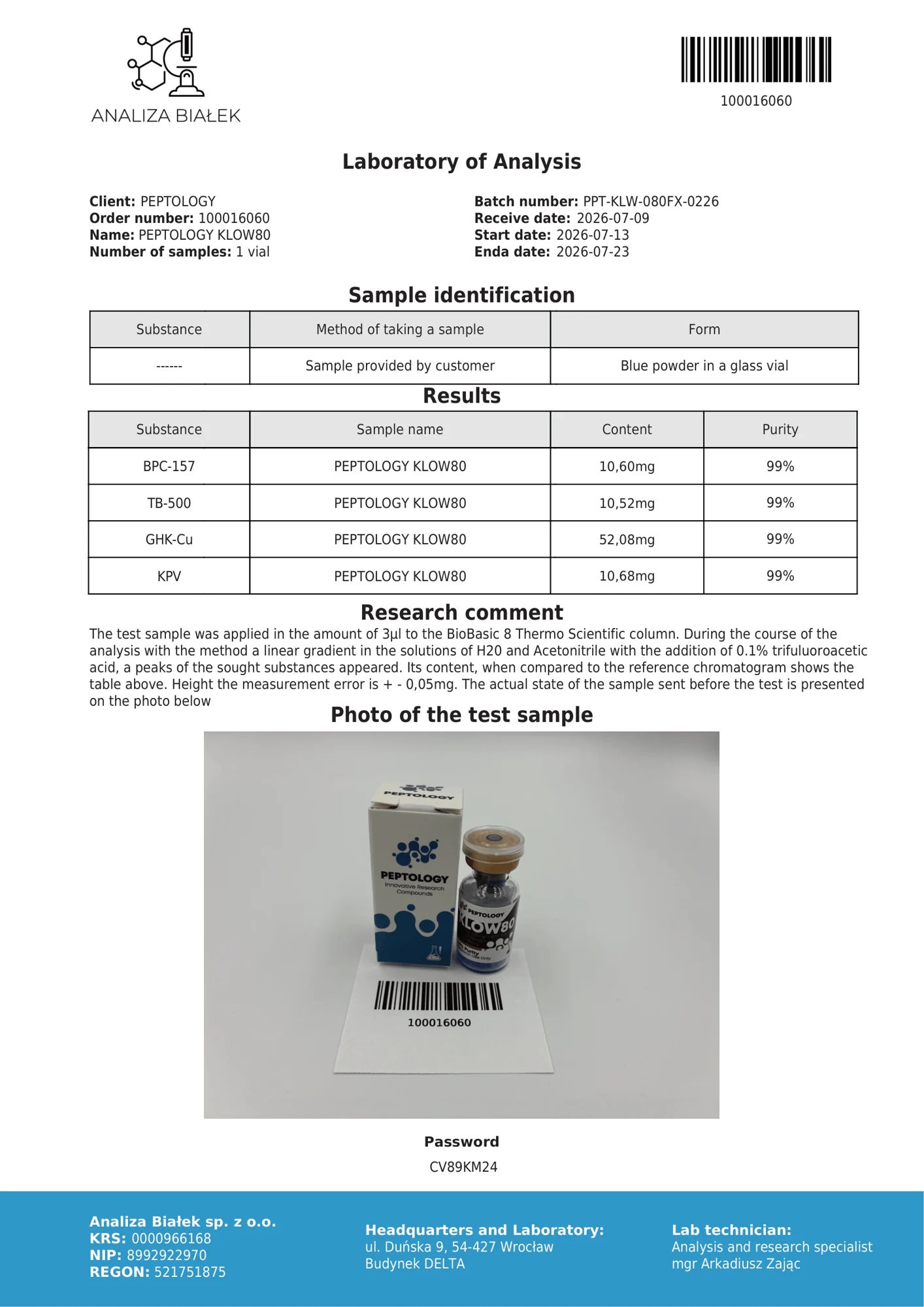 KLOW80 80 mg – HPLC purity certificate, batch 0226