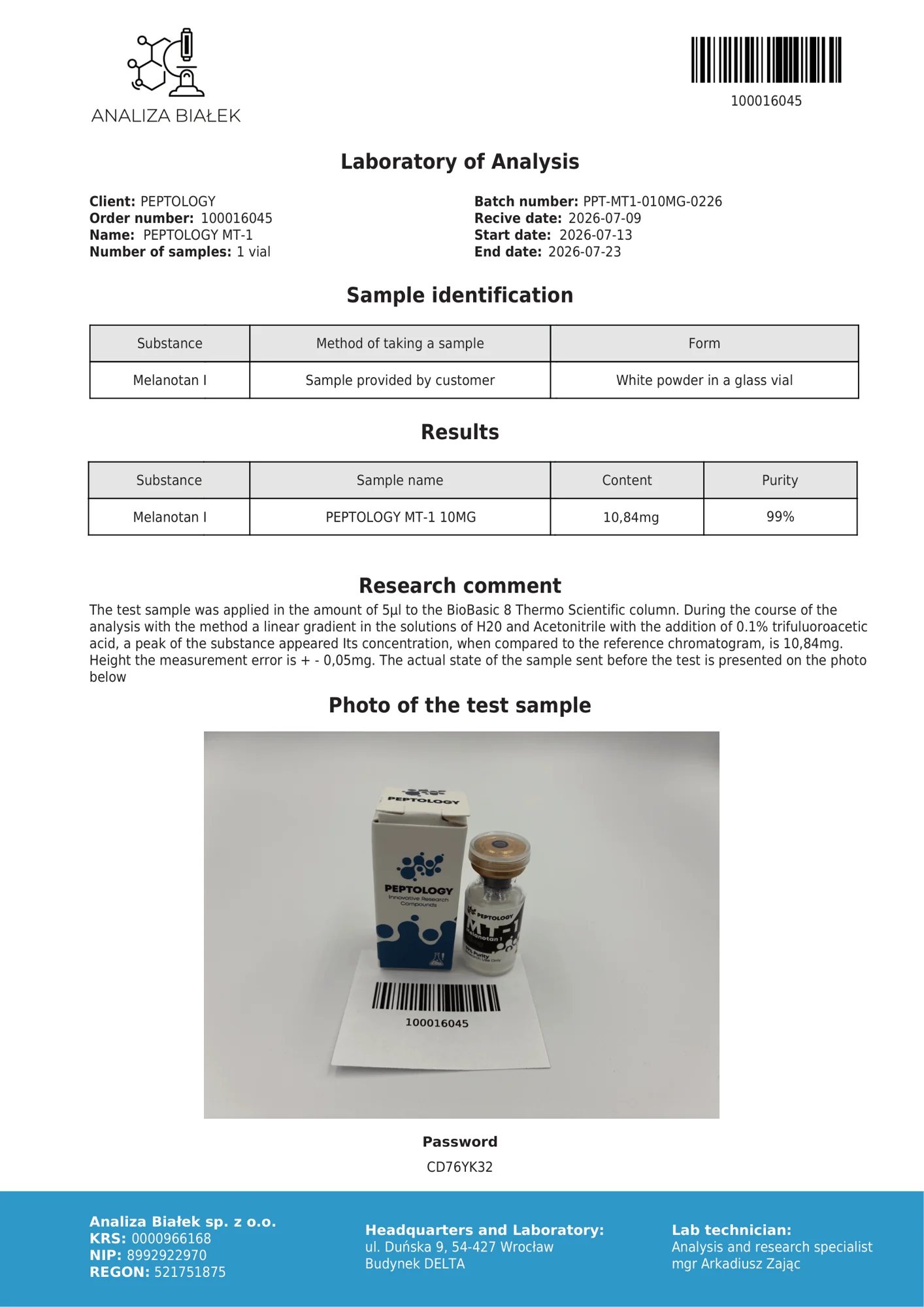 MT-1 10 mg – HPLC purity certificate, batch 0226