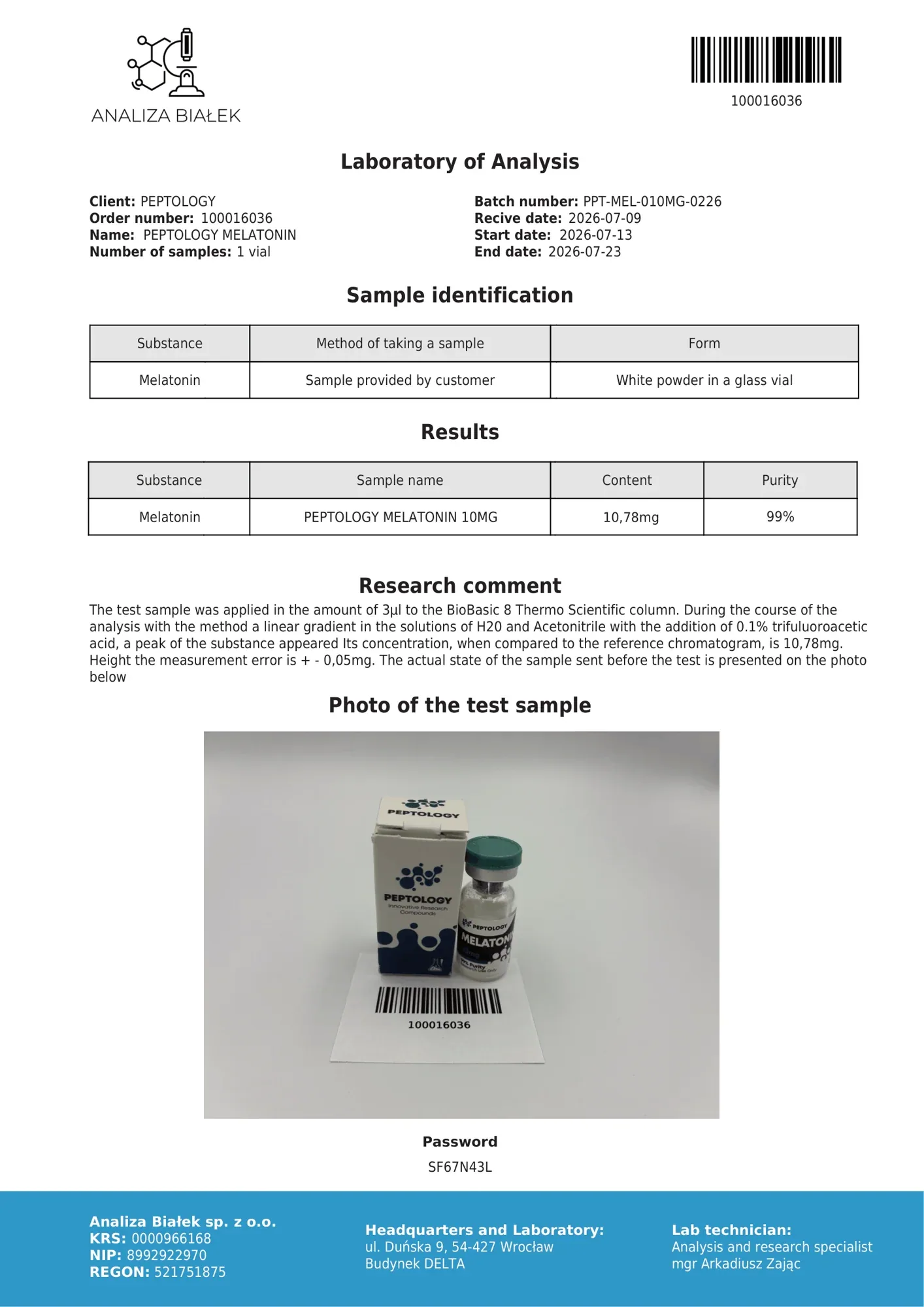 Melatonine 10 mg – HPLC purity certificate, batch 0226