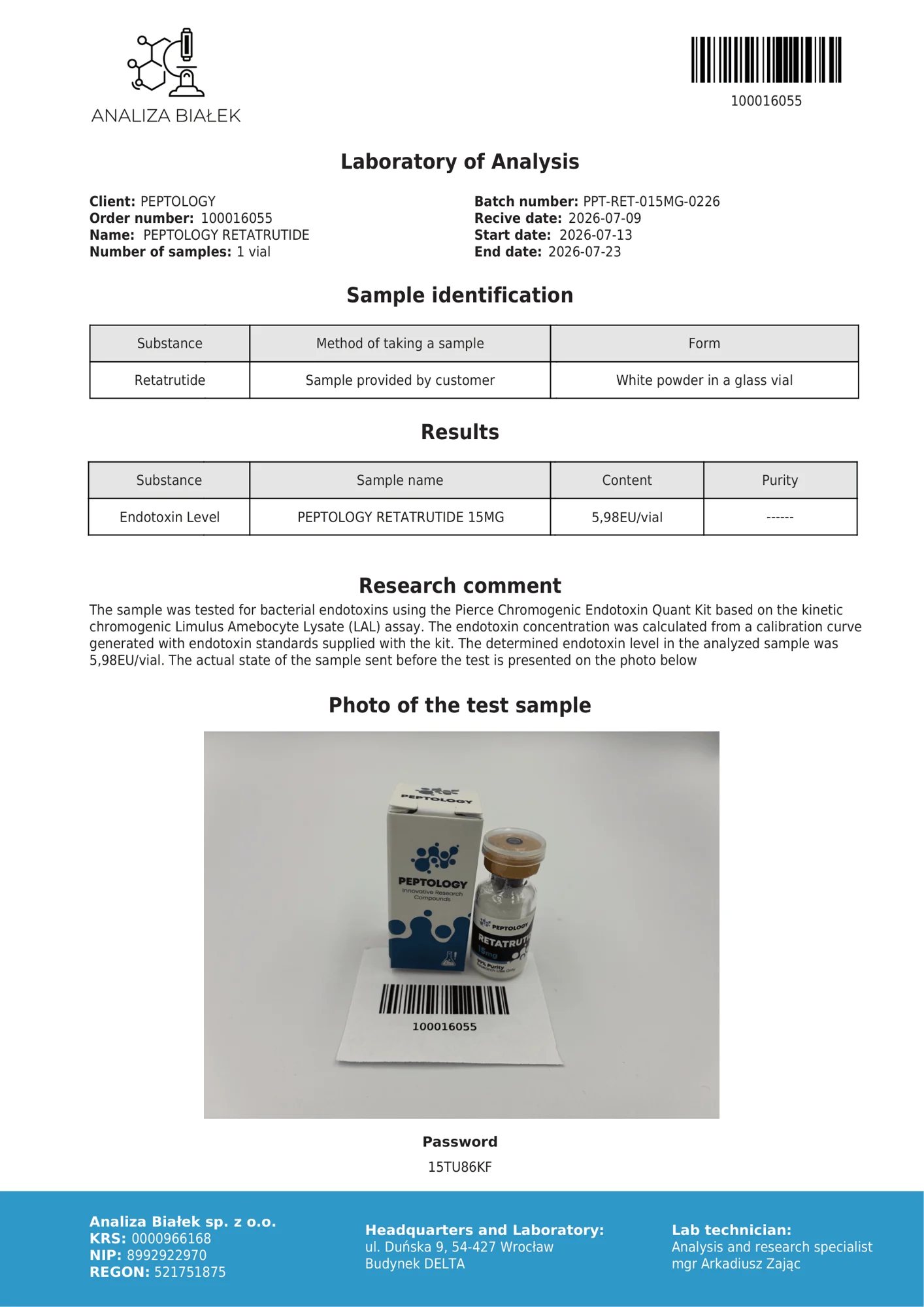 Retatrutide 15 mg – endotoxin test, batch 0226