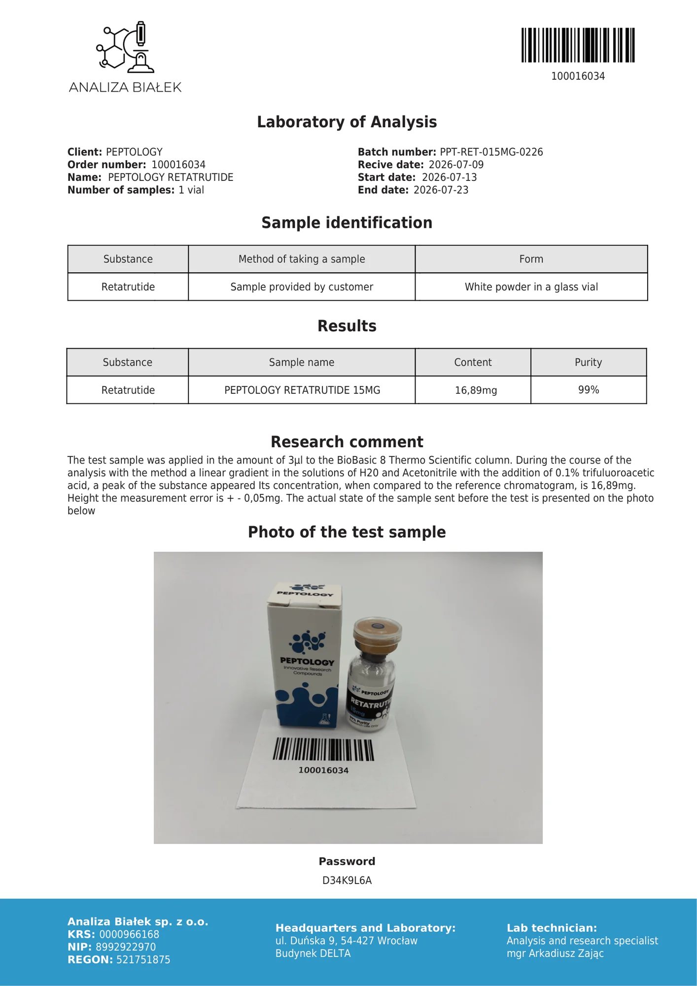 Retatrutide 15 mg – HPLC purity certificate, batch 0226
