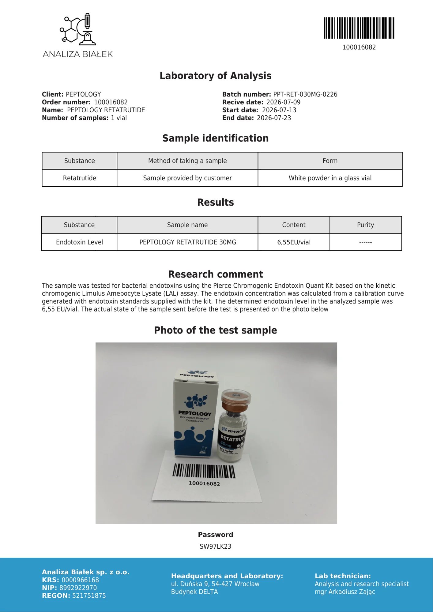 Retatrutide 30 mg – endotoxin test, batch 0226