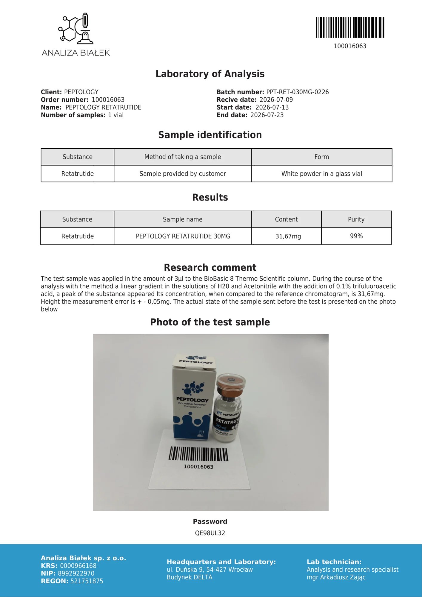 Retatrutide 30 mg – HPLC purity certificate, batch 0226