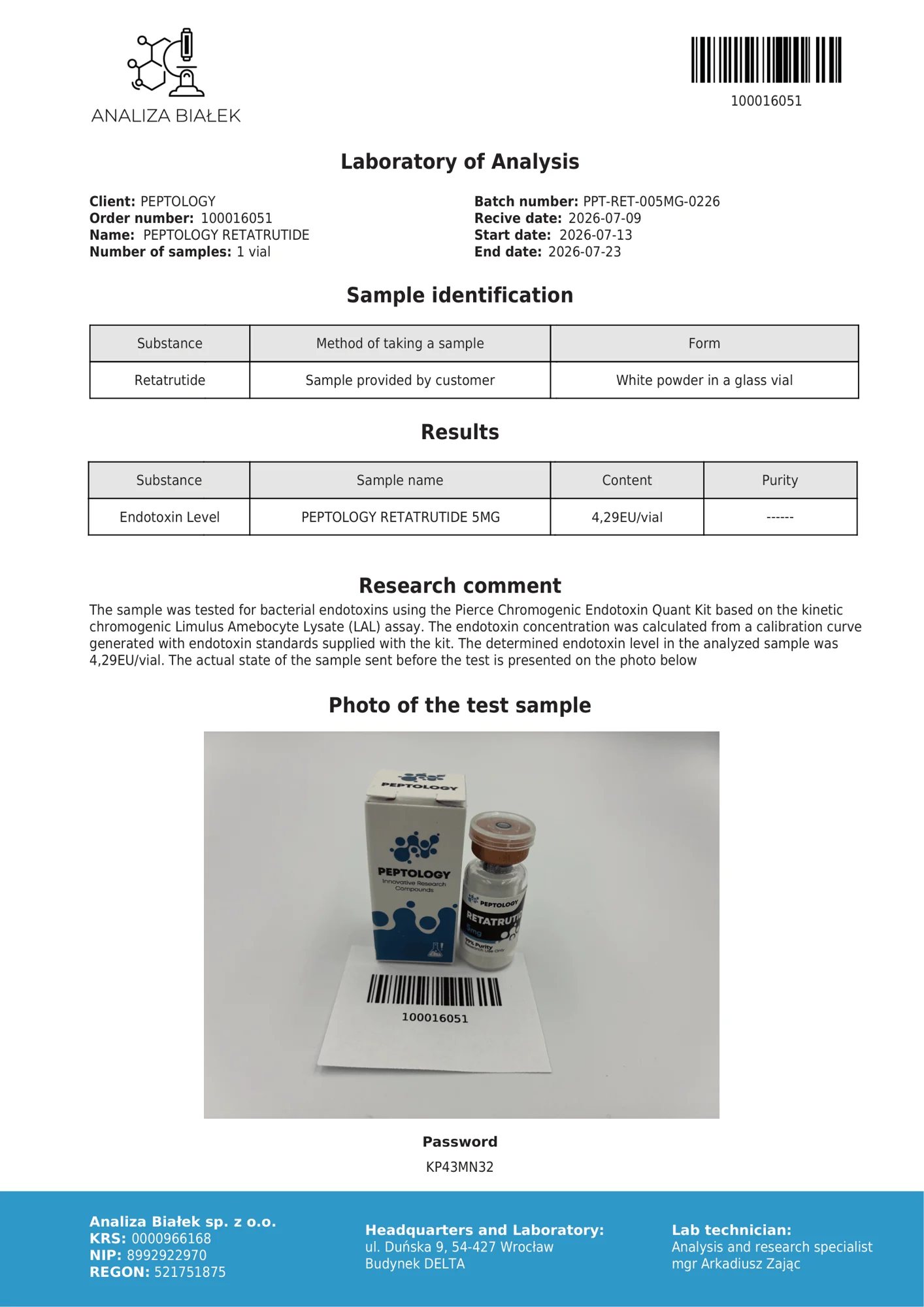 Retatrutide 5 mg – endotoxin test, batch 0226