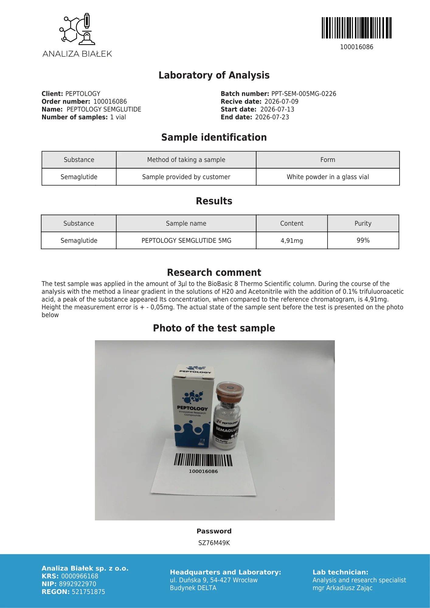 Semaglutide 5 mg – HPLC purity certificate, batch 0226