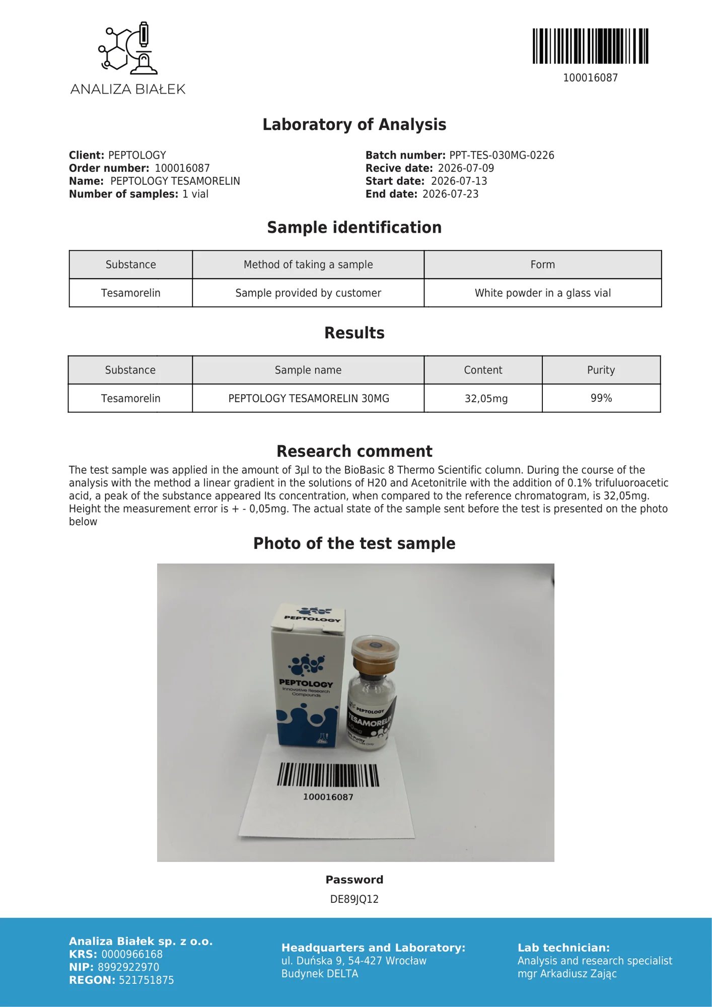 Tesamorelin 30 mg – HPLC purity certificate, batch 0226