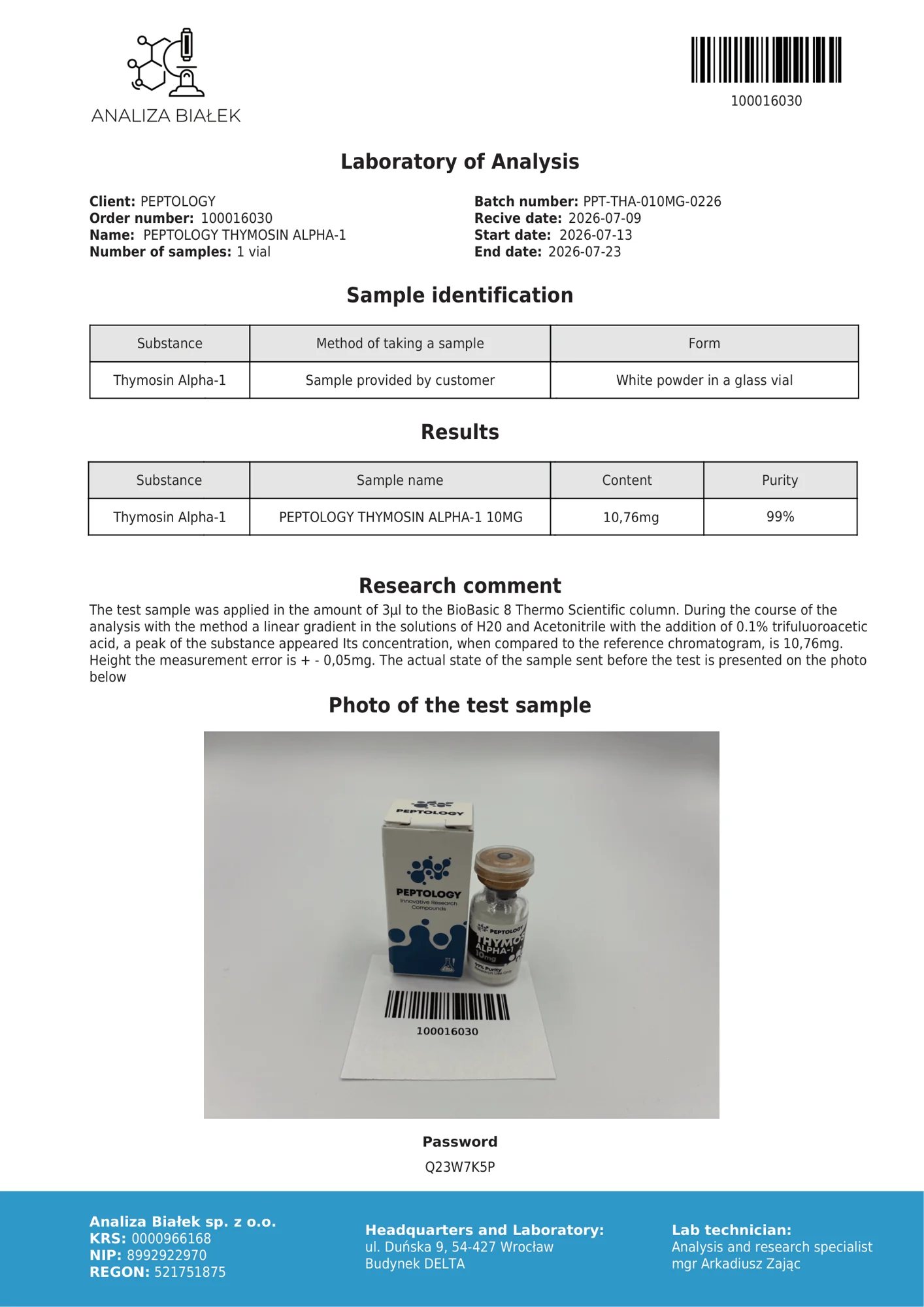Thymosin Alpha-1 10 mg – HPLC purity certificate, batch 0226