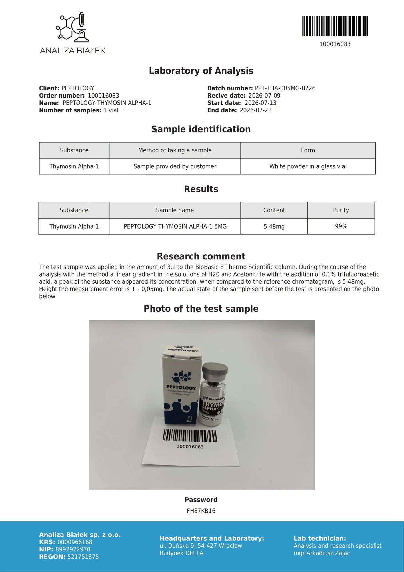 Thymosin Alpha-1 5 mg – HPLC purity certificate, batch 0226