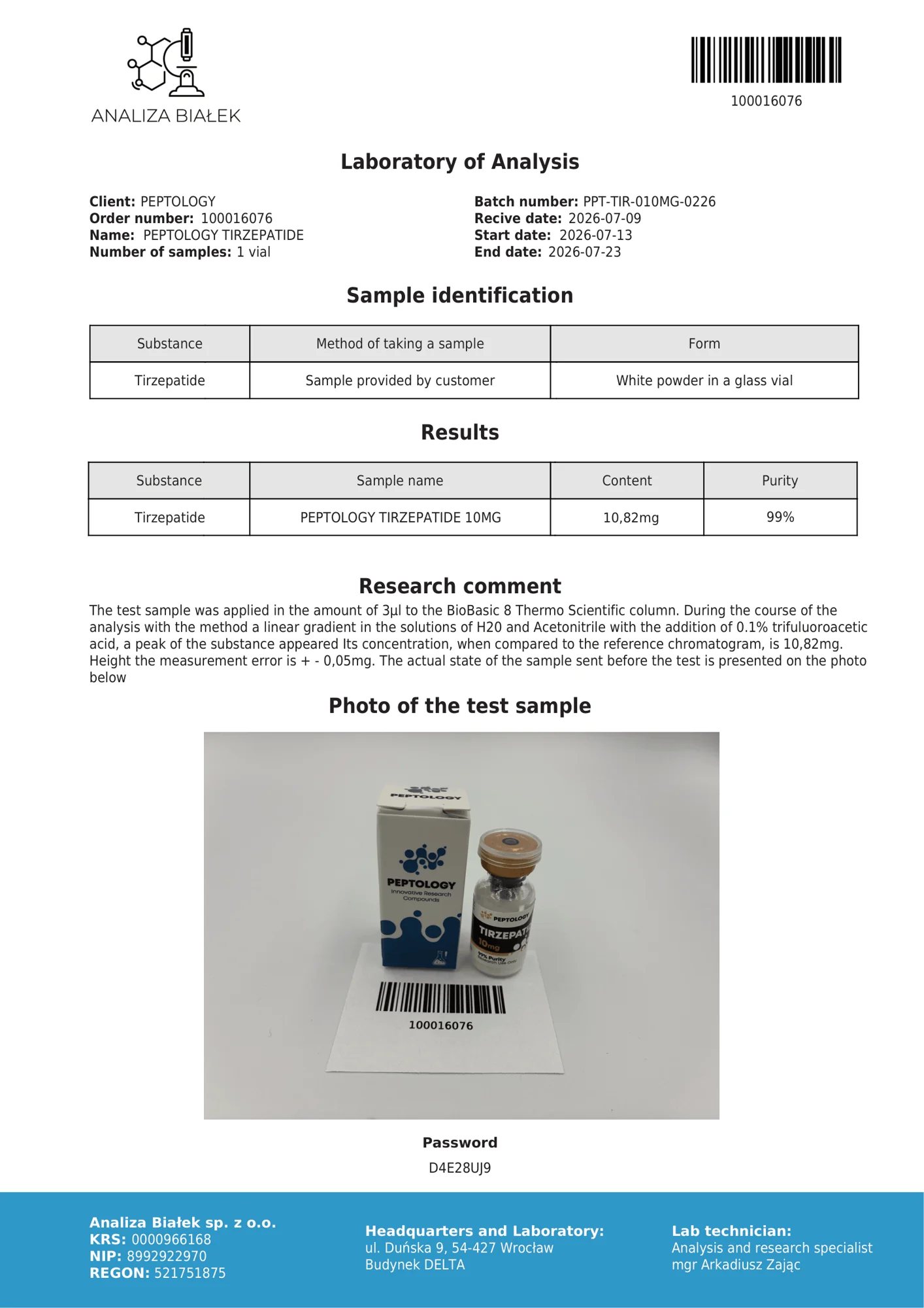 Tirzepatide 10 mg – HPLC purity certificate, batch 0226