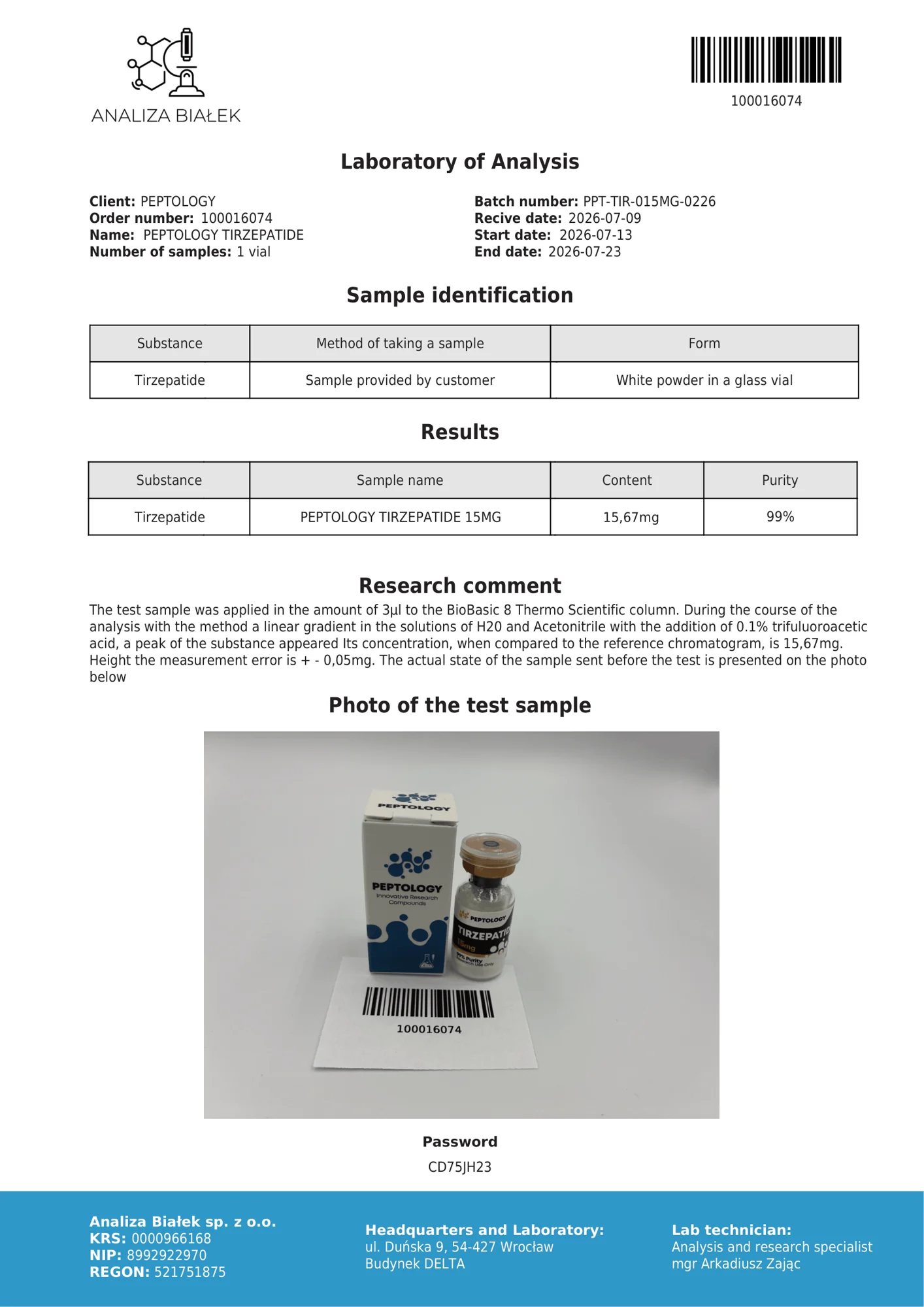 Tirzepatide 15 mg – HPLC purity certificate, batch 0226
