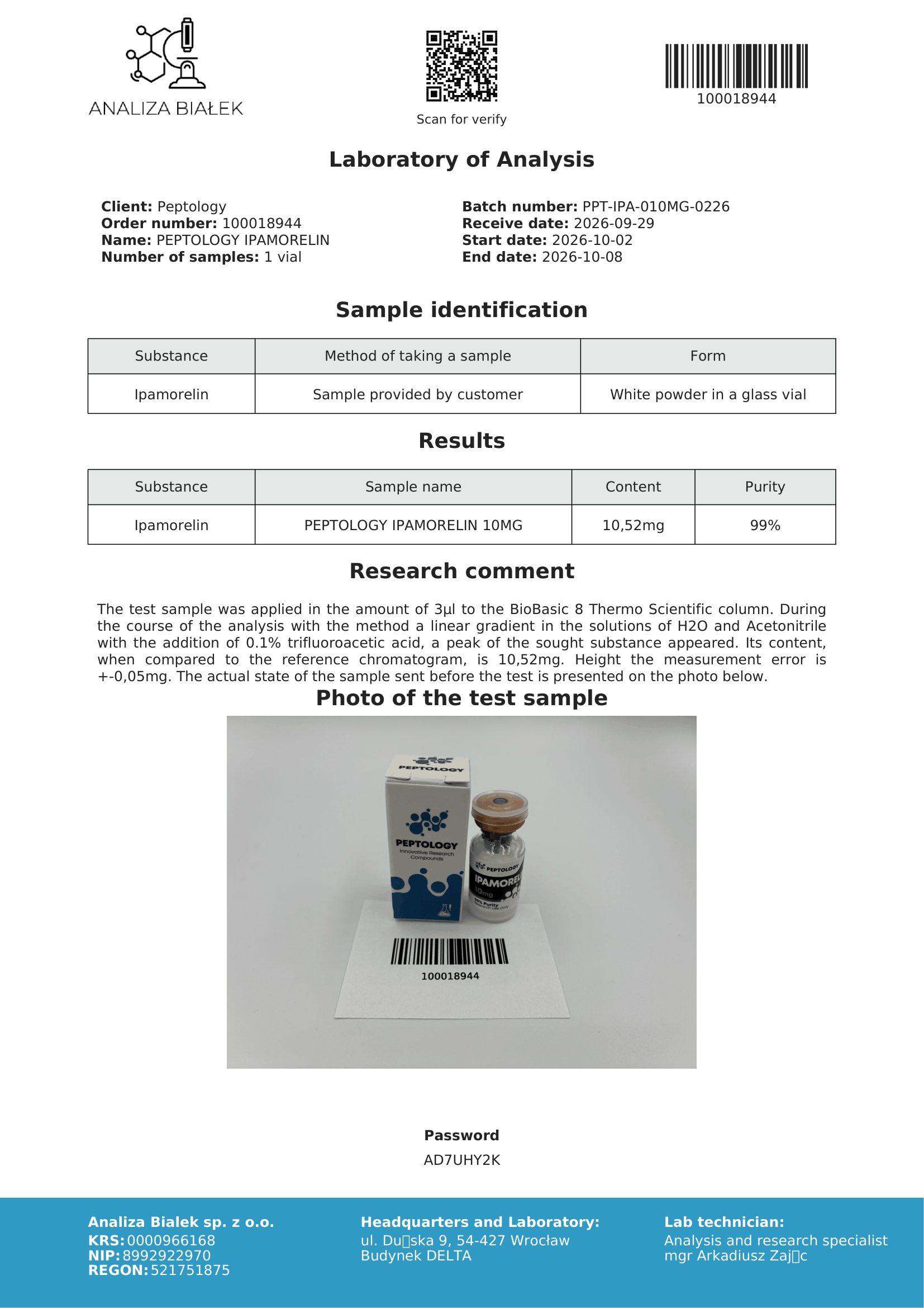 Ipamorelin 10 mg – HPLC purity certificate, batch 0226
