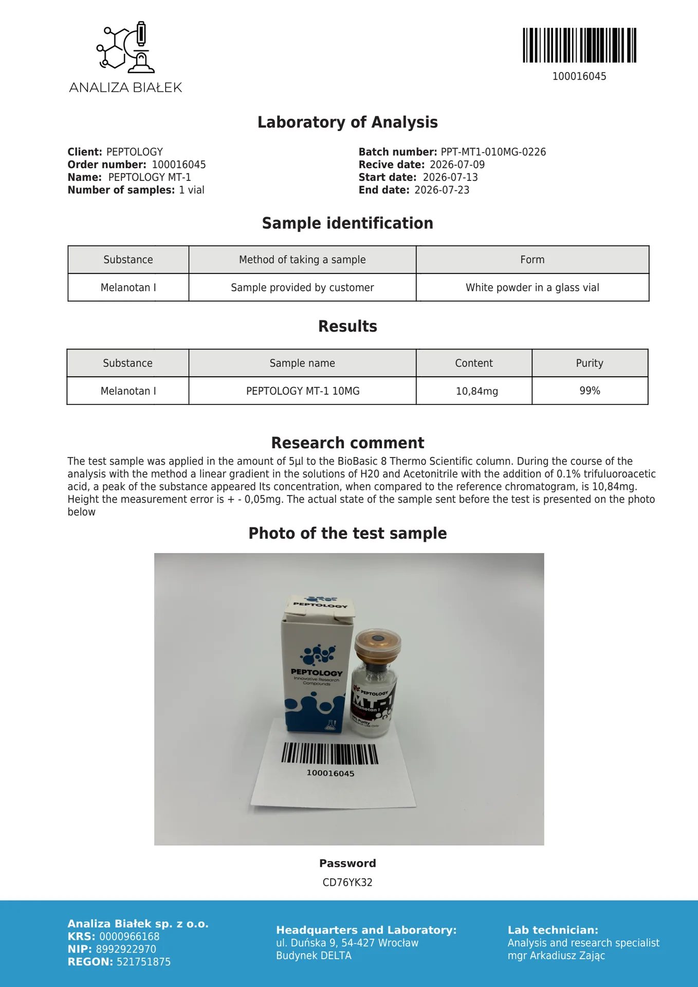 MT-1 (Melanotan I) 10 mg – Afamelanotide-analoog – afbeelding 2