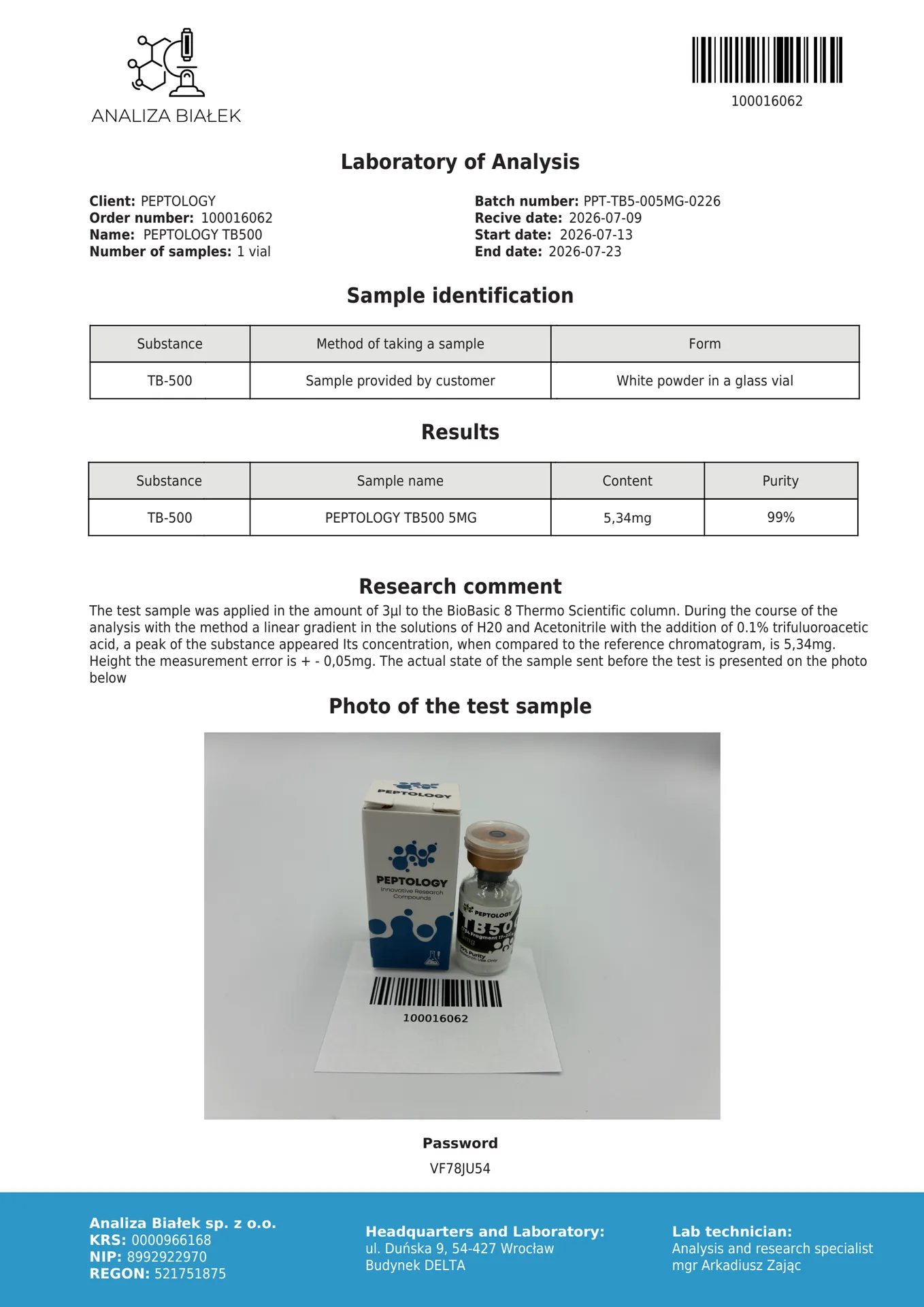 TB500 5 mg/10mg – Synthetisch fragment van thymosine bèta-4 voor onderzoek – afbeelding 2